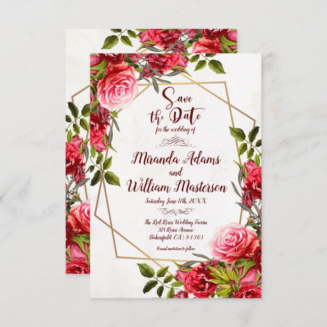 Rustikales Burgund-Floral-Gold Save the Date Hochz Einladung (Vorne/Hinten)