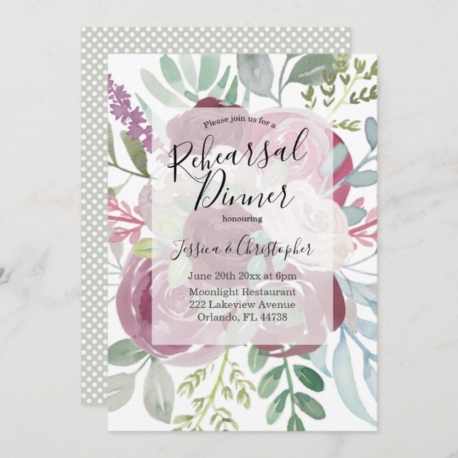 Rustikales Burgund-Floral Hochzeitessen Probe Dinn Einladung (Vorne/Hinten)