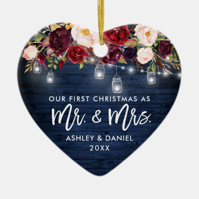 Rustikales Burgund Floral Jar Lights Christmas Blu Keramik Ornament (Vorne)