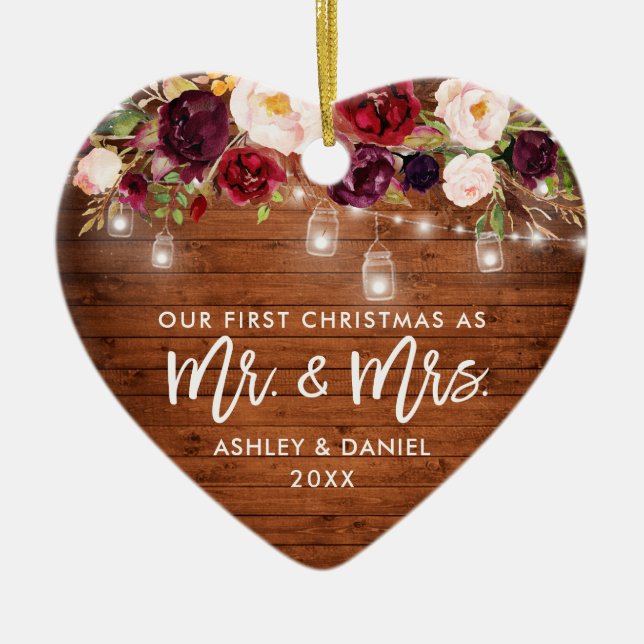 Rustikales Burgund Floral Jar Lights Erstes Weihna Keramik Ornament (Vorne)