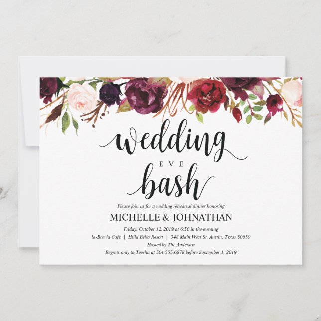 Rustikales Burgund Hochzeit Probe Dinner Einladung (Vorderseite)