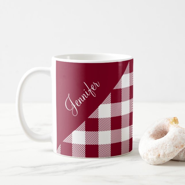 Rustikales Burgund Karierter Karo Muster Name Kaffeetasse (Mit Donut)