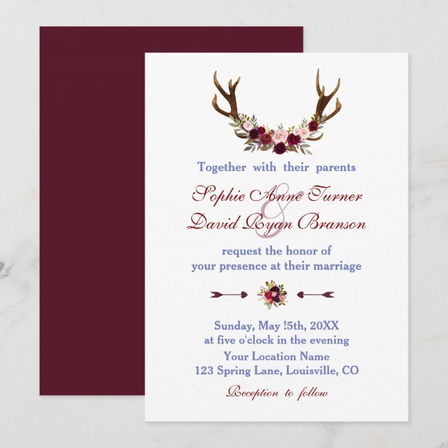 Rustikales Burgund Marsala Floral Antlers Wedding Einladung (Vorne/Hinten)