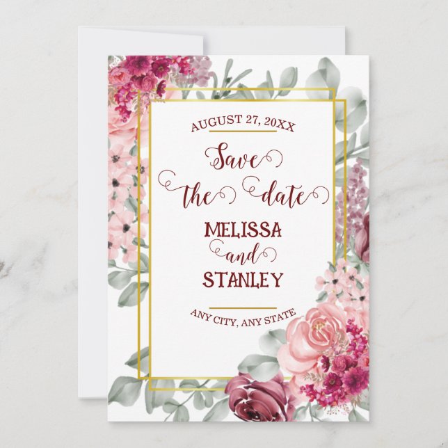Rustikales Burgund Marsala Pink Floral Save the Da Einladung (Vorderseite)