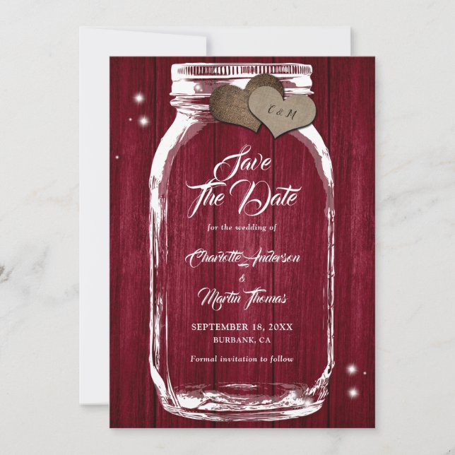 Rustikales Burgund Mason Jar Wedding speichern das Save The Date (Vorderseite)