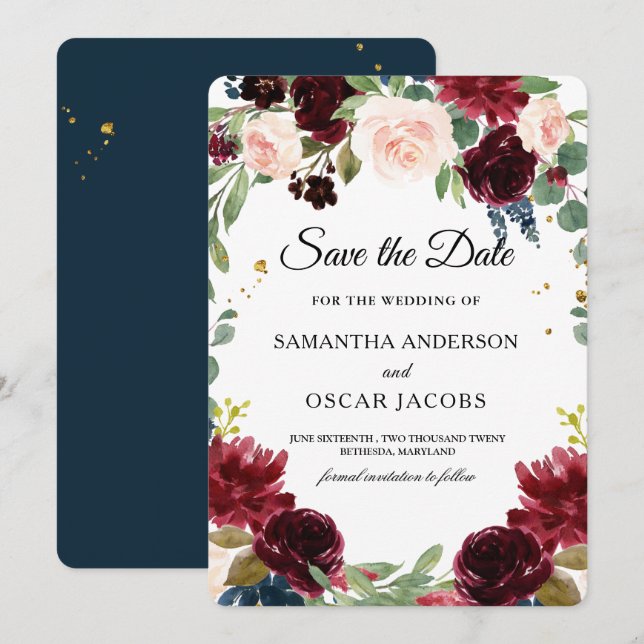 Rustikales Burgund Navy Blue & Red Blume Frame Save The Date (Vorne/Hinten)