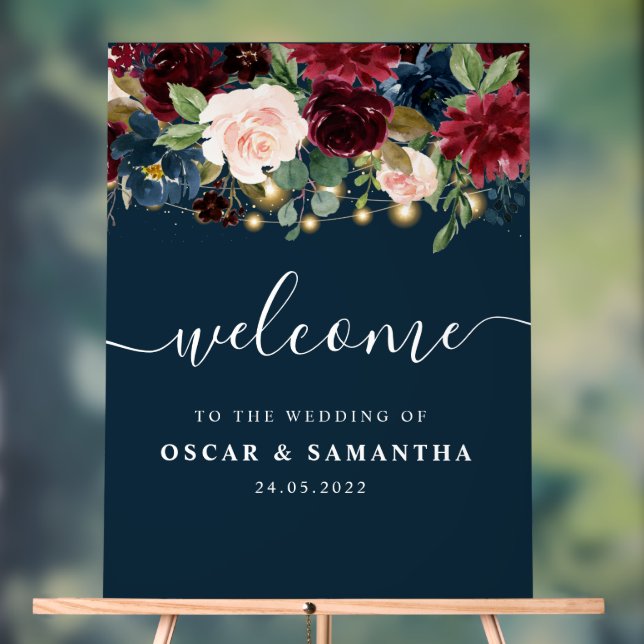 Rustikales Burgund Navy Blue & Red Blume & Lights Acrylschild (Neutral)