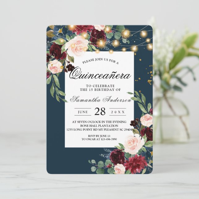 Rustikales Burgund Navy Blue & Red Blume & Lights Einladung (Stehend Vorderseite)