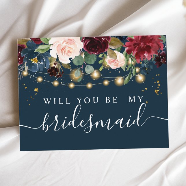 Rustikales Burgund Navy Blue & Red Blume & Lights Einladungspostkarte (Von Creator hochgeladen)