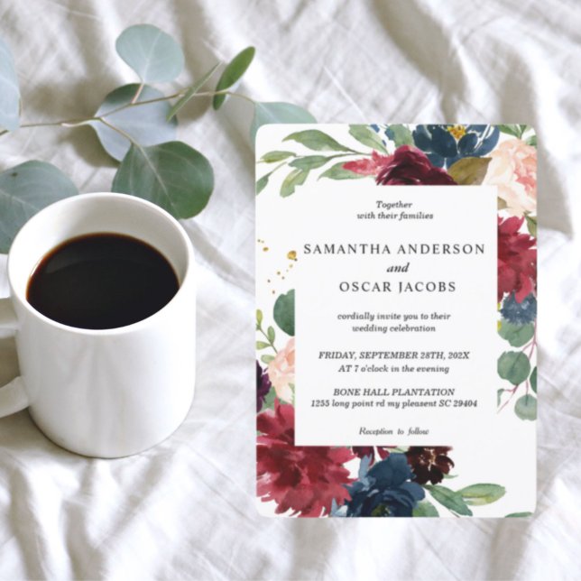 Rustikales Burgund Navy Blue & Red Floral Frame Einladung (Von Creator hochgeladen)