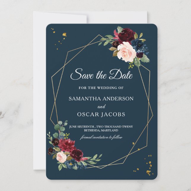 Rustikales Burgund Navy Blue & Red Gold Blume Fram Save The Date (Vorderseite)