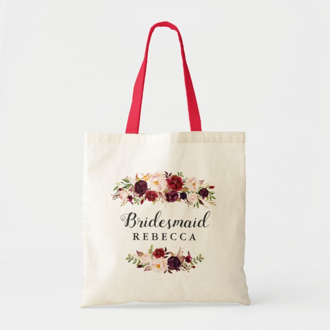 Rustikales Burgund Red Floral Bridesmaid Gefallen Tragetasche (Vorne)