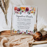 Rustikales Burgund Rosa Hochzeit im Herbst Signatu Poster<br><div class="desc">Auf dem Schild des Hochzeitplakats werden für den Hochzeitsempfang Cocktailgetränke ausgestellt. Das Design zeichnet sich durch eine Mischung aus rustikalen Sommer- und Herbstfarben mit schönen Rose,  Dahlien,  Blume und Grünpflanzen aus. Die Herbstpalette besteht aus bordeauxrot,  goldgelb,  pfirsichorange,  rot-rot und grün. Stilvolle Texte können mit drei großen Hochzeitscocktails personalisiert werden.</div>