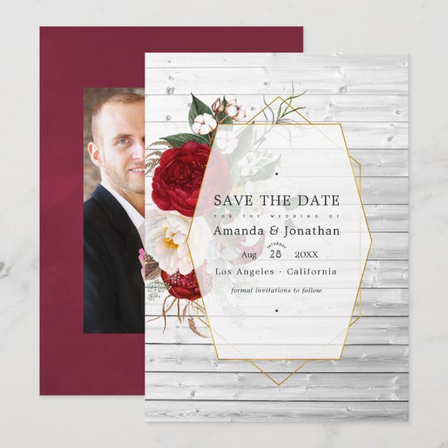 Rustikales Burgund und geometrische Hochzeit mit w Save The Date (Vorne/Hinten)