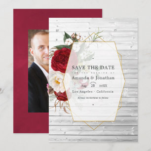 Rustikales Burgund und geometrische Hochzeit mit w Save The Date
