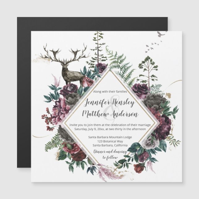 Rustikales Burgund und Gray Floral Geometric Weddi Magneteinladung (Vorne/Hinten)