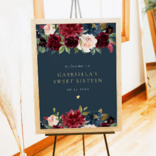Rustikales Burgund und Navy Blumensüß 16 Willkomme Poster