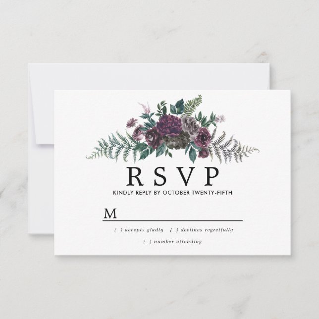 Rustikales Burgund und Pine Botanical Wedding RSVP (Vorderseite)