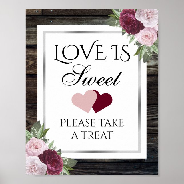 Rustikales Burgund und Silver Wedding Candy Bar Si Poster (Vorne)