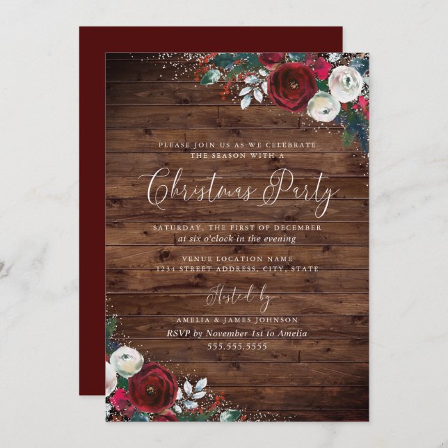 Rustikales Burgund Wasserfarbe Blütenschnee Weihna Einladung (Vorne/Hinten)