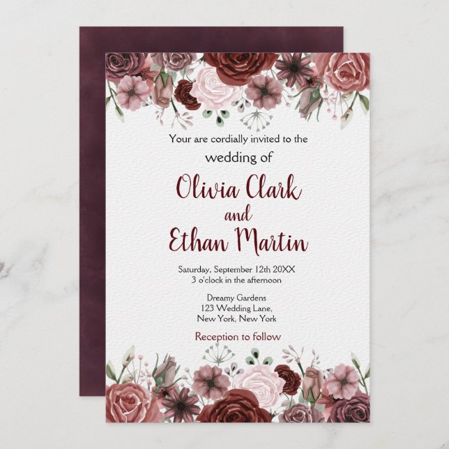 Rustikales Burgund Wasserfarben Einladung (Vorne/Hinten)