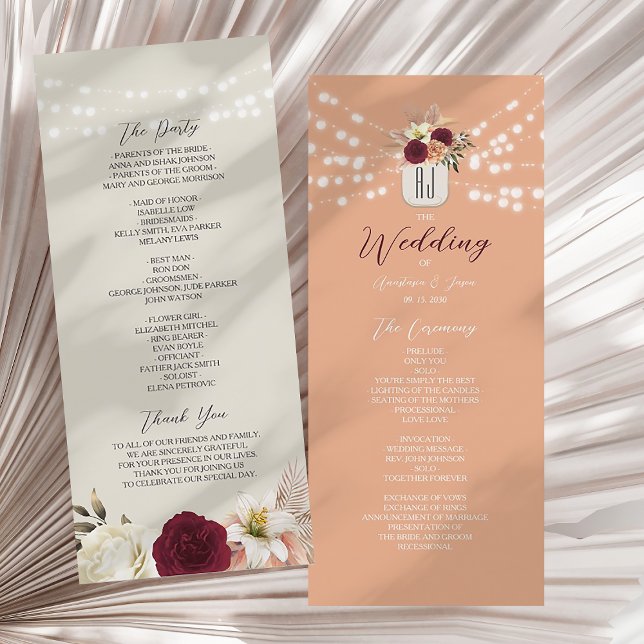 Rustikales Burgunder-Blumen-Hochzeitsprogramm Programm (Von Creator hochgeladen)