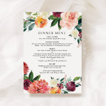 Rustikales Burgunder Blush Fall Blumendinner Menükarte<br><div class="desc">Das Design der Speisekarte für das Hochzeitsessen zeichnet sich durch eine stilvolle Formulierung aus, die völlig personalisiert sein kann, durch ein rustikales, florales Aquarellbild mit wunderschönen Rose, Dahlien, Blume und Grünpflanzen in einer prächtigen Herbstpalette aus bordeauxrot, goldgelb, pfirsichfarben, rot und grün. Eine bordeauxrote Hintergrundfarbe mit einem strukturierten Aussehen zieht die...</div>