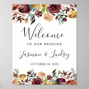 Rustikales Burgunder Florales Herbst-Hochzeits-Wil Poster