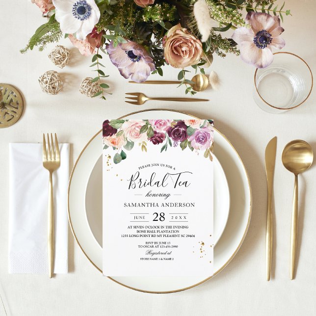 Rustikales Burgunder Wasserfarben Blume & Goldfall Einladung (Von Creator hochgeladen)