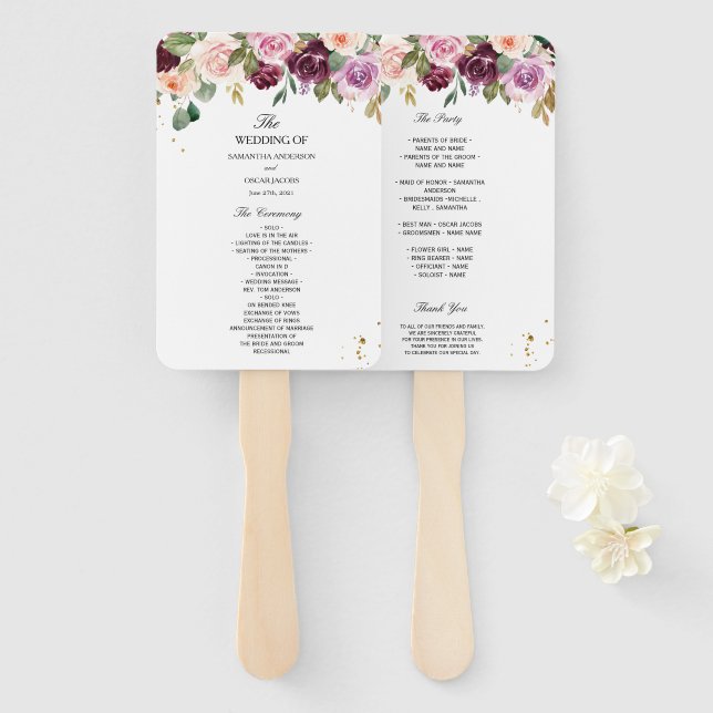 Rustikales Burgunder Wasserfarben Blume & Goldfall Fächer (Vorne und Hinten)