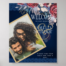 Rustikales Burgundy Blue Floral Lace FOTO Willkomm Poster