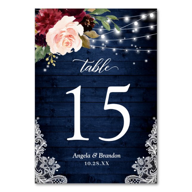 Rustikales Burgundy Blumenstrauß Hochzeit Tischnummer (Vorderseite)