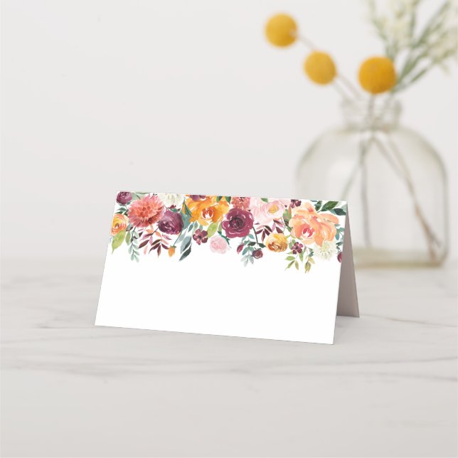 Rustikales Burgundy Blush Fall Floral Wedgram Platzkarte (Vorderseite)