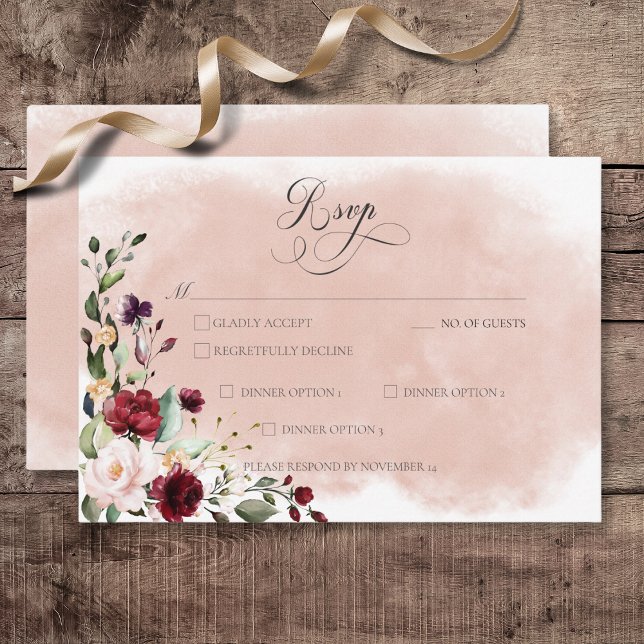 Rustikales Burgundy & Blush Pink Roses Wedding RSVP Karte (Rustic Burgundy & Blush Pink Roses Wedding Response Card with Dinner Options)