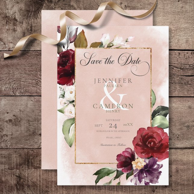 Rustikales Burgundy & Blush Pink Roses Wedding Save The Date (Rustic Burgundy & Blush Pink Roses Wedding Save the Date Card)