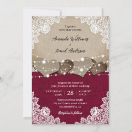 Rustikales Burgundy Burlap Lace Wedding Einladung