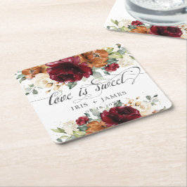 Rustikales Burgundy Burnt Orange Ivory Floral Wedd Rechteckiger Pappuntersetzer