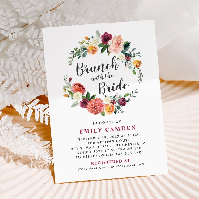 Rustikales Burgundy Fall Blumenreath Bridal Brunch Einladung (Von Creator hochgeladen)