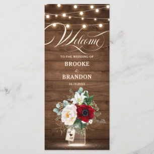 Rustikales Burgundy Floral Lights Mason Jar Weddin Programm