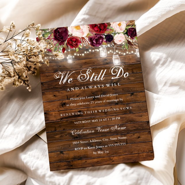Rustikales Burgundy Floral Lights Wedding Vow Erne Einladung (Von Creator hochgeladen)