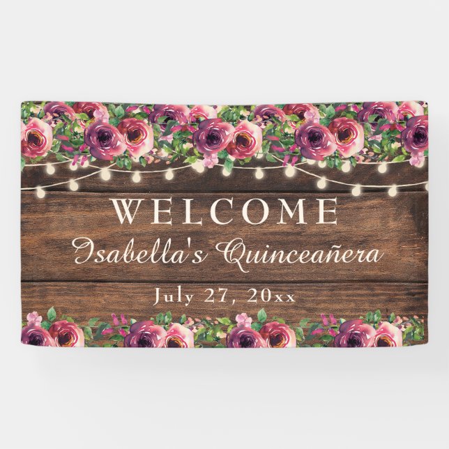Rustikales Burgundy Floral Quinceañera Willkommen Banner (Horizontal)