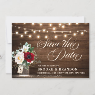 Rustikales Burgundy Floral String Lights Mason Jar Save The Date