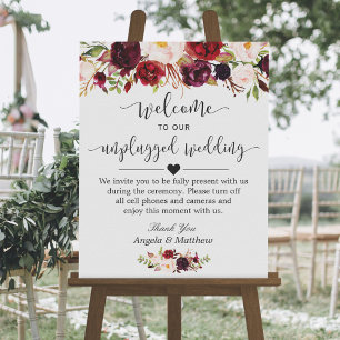 Rustikales Burgundy Floral Unplugged Wedding Sign Poster