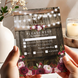 Rustikales burgundy Floral Wedding Menü Option UAW RSVP Karte