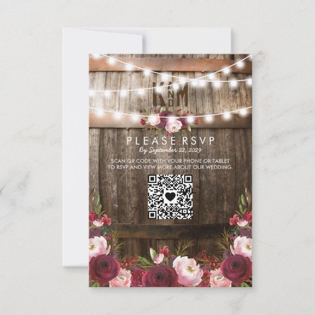 Rustikales Burgundy Floral Wedding QR UAWG RSVP Karte (Vorderseite)