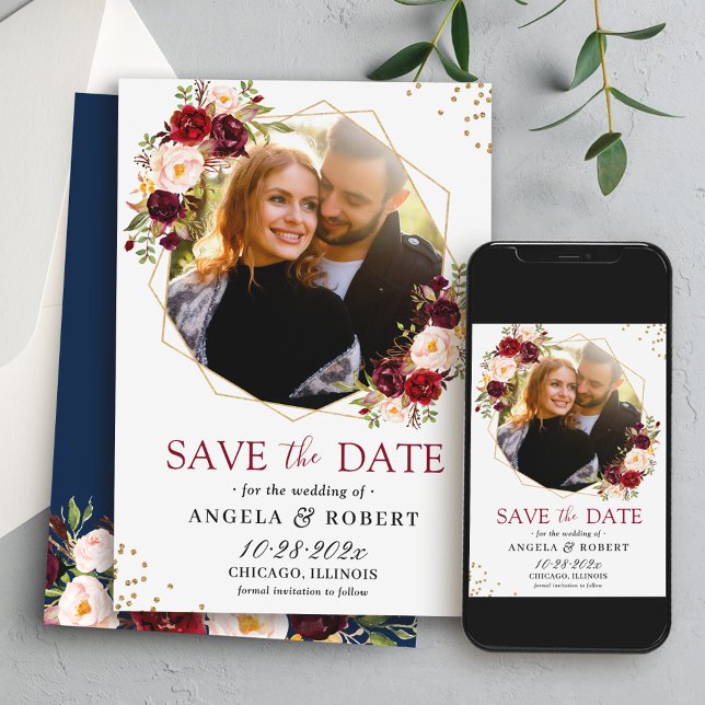 Rustikales Burgundy-Foto der braunen Seestreitbahn Save The Date (Von Creator hochgeladen)