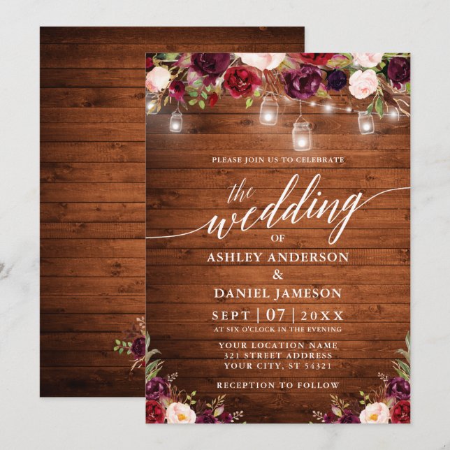 Rustikales Burgundy Jar Lights Calligrafy Wedding Einladung (Vorne/Hinten)