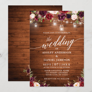 Rustikales Burgundy Jar Lights Calligrafy Wedding Einladung