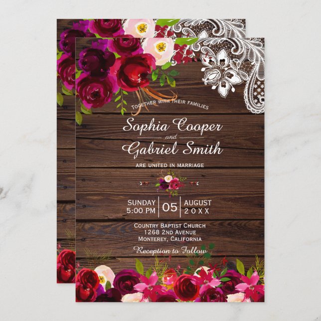 Rustikales Burgundy Lace Floral | Barn Wood Weddin Einladung (Vorne/Hinten)