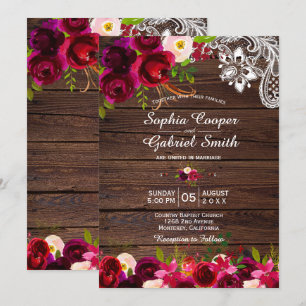 Rustikales Burgundy Lace Floral Barn Wood Weddin Einladung